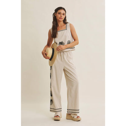 QUIET LUXURY COASTAL SEASHELL EMBROIDERED WIDE-LEG PANTS