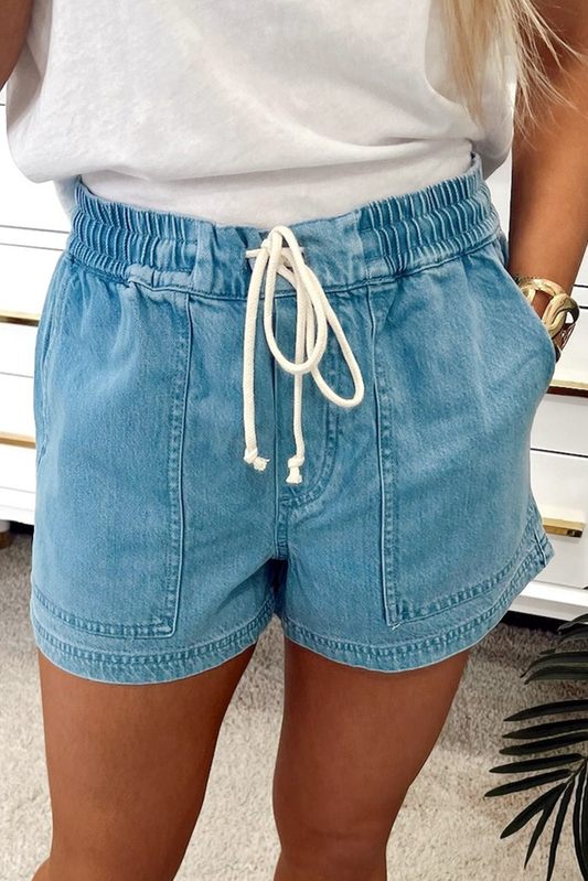 Western Contrast Drawstring Elastic Waist Denim Shorts