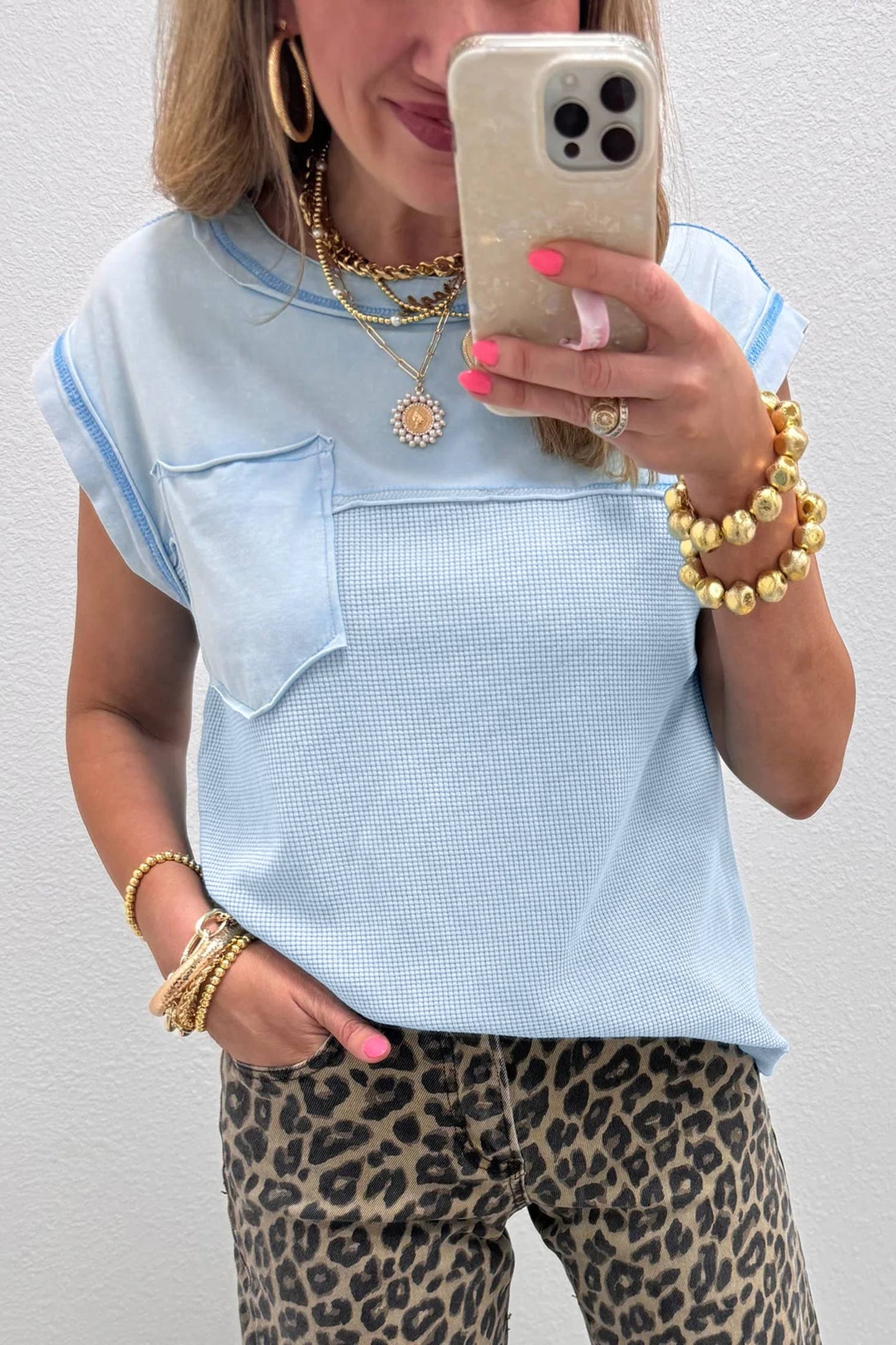 Solid Color Raw Seam Waffled Patchwork Casual Tank Top