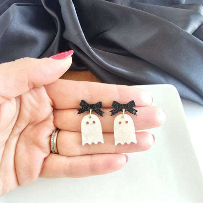 Mini Bow Ghost Earrings - White Shimmer