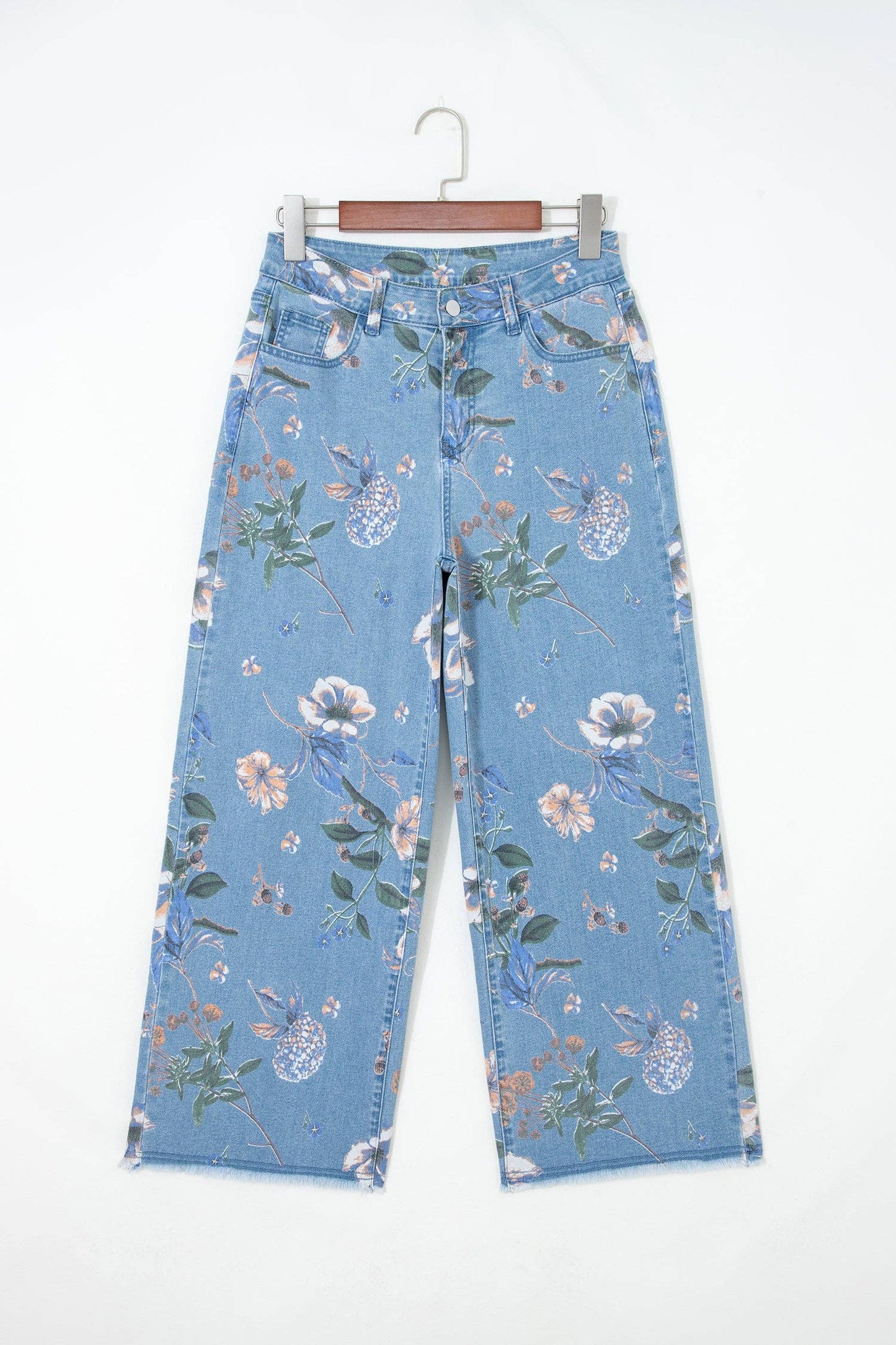 Retro Floral Print Frayed Hem Shift Jeans Boho Denim Pants