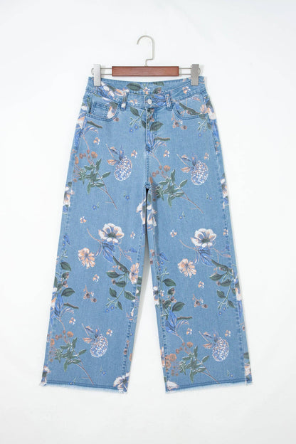 Retro Floral Print Frayed Hem Shift Jeans Boho Denim Pants