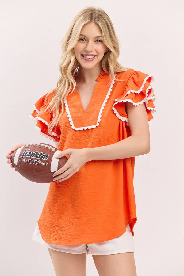Ruffle Sleeve Scallop Trim Orange Top