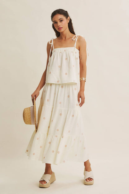 SUNSET FIELD EMBROIDERED COTTON GAUZE SMOCKED MIDI SKIRTS