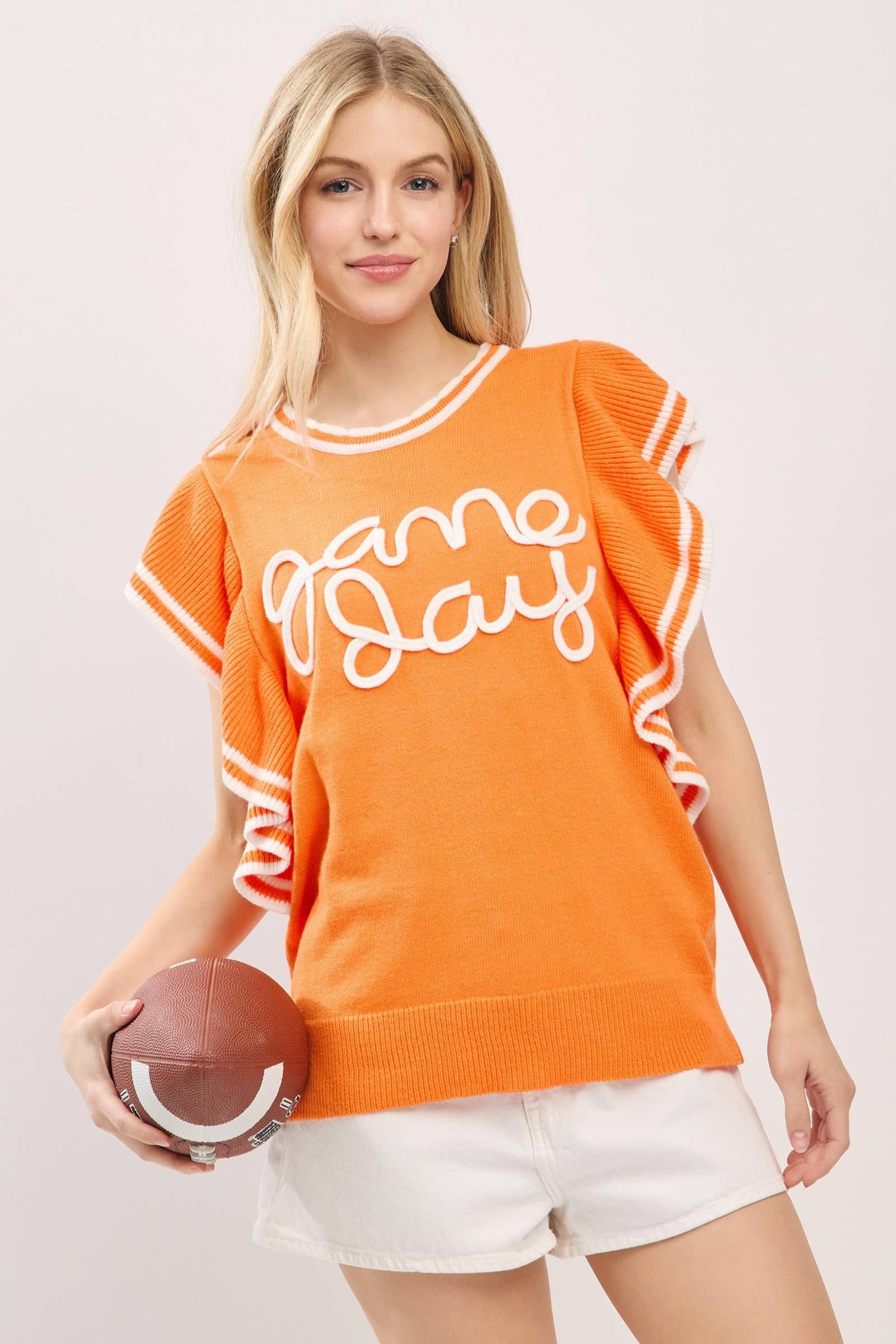 Ruffle Sleeve Varsity Gameday Knit Orange Top